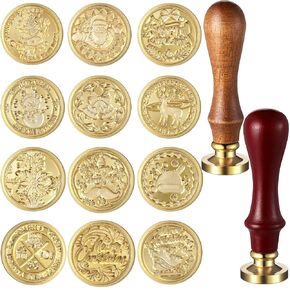 Christmas Wax Stamp Seals Kit Christmas Wax Seal Stamp Set 12 Xmas Brass Wax Seal Stamp Head Santa Deer Tree Snowflake Bell 2 Wooden Hilt Handle for Cards Envelopes, Invitations
