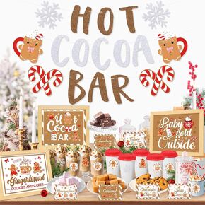Gingerbread Man Hot Chocolate Bar Kits, Christmas Theme Glitter Hot Cocoa Bar Banner Sign Toppings Labels Tent Gingerbread Snowflakes Cup Stickers for Winter Bday Baby It's Cold Outside New Year Party