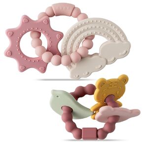 2Pcs Christmas Baby Silicone Teething Toys Christmas Tree and Bear Teething Ring Baby Soft Teethers Christmas Reindeer Teether Toys Toddler Teething Chew Toys Christmas Gifts for Baby Boy and Girl
