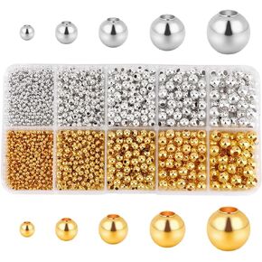PH PandaHall 2340pcs Metal Spacer Beads Set Round Ball Smooth Beads 5 Sizes Loose Spacer Beads Golden Silver for Stackable Bracelets Earrings Necklaces Rings DIY Crafts Jewelry Making