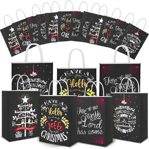 NODMIPNS 24 Pack Christmas Gift Paper Bags with Handles,Black Christmas Treat Bags Bulk,Christmas Candy Goodie Bags,Holiday Gift Bags for Holy Night Christmas Party Favor Supplies