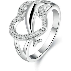 YUANYI Women Jewelry 925 Platinum Sterling Silver CZ Heart Dolphin Eternal Statement Ring Love Commitment Engagement Ring (Size 9)