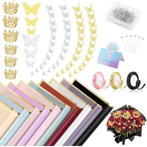 Flower Wrapping Paper Kit, Include 100 Sheet Flower Bouquet Wrapping Paper, 3 Rolls Ribbon for Flower Bouquet, 20 Pcs Greeting cards,200 Pcs Flower Pins, 72 Pcs 3D Butterflies and 6 Pcs Crowns