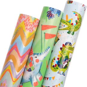 Ribbli Safari Birthday Wrapping Paper 3 Rolls Jungle Gift Wrapping Paper for Kids Baby Shower with Elephants Crocodiles Alpacas Sloth - Mini Roll 17 inch x 120 inch(10feet) Per Roll