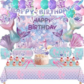 154 Pcs Mermaid Birthday Party Supplies - Mermaid Party Decorations Included Backdrop, Banner, Tablecloth, Hanging Swirls, Cupcake Toppers, Tableware, Paper Towel, Aluminium balloon, Latex Balloons