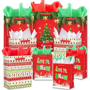 duludulu Christmas Gift Bags Assorted Sizes with Handles Tissue Paper 9 Pack Large Christmas Bags for Gifts Wrapping Xmas Holiday Presents Christmas Bag (3 Large 13", 3 Medium 10", 3 Small 8")