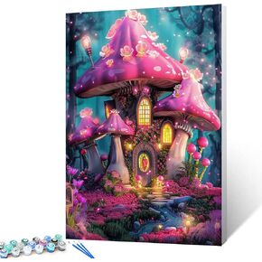 Oil Number Painting for Adults Colorful Mushroom House with Crystal Lights Paint by Number for Beginner With Brushes and Acrylic Pigment Fantasy Style Artwork for Home Decor Gift 16x20in (DIY Frame)