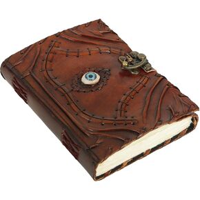 Ward Off Evil Eye Protection Leather Journal Hocus Pocus Spell Book of Shadows Grimoire Notebook for Men Women Decor Prop Blank Unlined Deckle Edge Paper Third Eye Vintage Diary with Clasp Lock