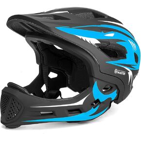 OutdoorMaster Kids Full Face Helmet - Adjustable Toddler Bike Helmet with Detachable Chin Pad - Suitable for Mountain & Road Cycling - Blue, XS