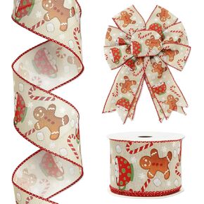 Christmas Wired Edge Ribbon Gingerbread Candy Cane Craft Ribbon 2.5 Inch x 12 Yard Xmas Winter Fabric Ribbon for Wreath Bow DIY Wrapping Party Decor