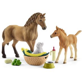Schleich Horse Club, Horse Toys for Girls and Boys, Sarah's Baby Animal Care Horse Set with Horse Toy and Baby Animals, 9 pieces, Ages 5+