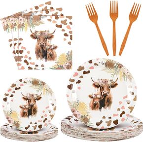 Sunnyray 96 Pcs Highland Cow Party Supplies Boho Retro Floral Cow Birthday Decorations Cattle Print Tableware Paper Plates Napkins Forks Set for 24 Guests Farm Animal Baby Shower Birthday Cow Party