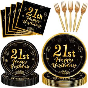 96Pcs 21st Birthday Decorations Black Gold Party Tableware Table Decorations 21st Birthday Plates Napkins Dinnerware for Boys Girls 21 Years Old Birthday Party Favor Serves 24 in Saudi Arabia