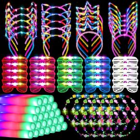 Redbaker 75 Pcs Light up Party Favors Include Light up Headband Foam Sticks LED Glasses Glow Flower Crown Glow in the Dark Party Supplies for Neon Rave Party Carnival Birthday Halloween (75 Pcs)
