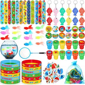 Blosssound 135 Pcs Fishing Party Favors Little Fisherman Birthday Gifts Fishing Stickers Wristbands Slap Bracelets Stampers Button Pin Under the Sea Piñata for Goodie Bag Fillers