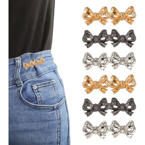 6 Sets Bow Pant Waist Tightener Adjustable Jeans Buttons for Loose Jeans No Sewing Waist Pin Button Detachable Alloy Bowknot Jeans Clip Buckles Waist Knots for Pants Jean Skirt Clothing Accessories