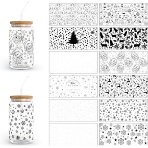 UV DTF Cup Wrap Transfer Stickers for Glass, 12 Sheets - Christmas-Themed Rub-On Transfers for 16OZ Libbey Glass Cups, Perfect for Crafting Cup Decals, Furniture Decor, Wood DIY Crafts (Style 1)