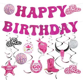 Western Cowgirl Party Hanging Decorations,Disco Cowgirl Birthday Party Decorations Hot Pink Happy Birthday Banner Disco Cowgirl Hanging Swirls Bachelorette Party Decor Supplies