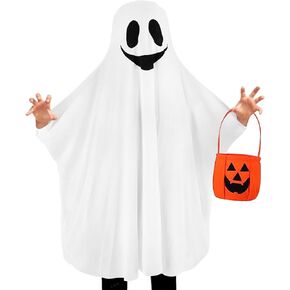 Halloween Ghost Costume Kids with Non-woven Pumpkin Trick or Treat Bags White Halloween Ghost Costume for Boys Girls