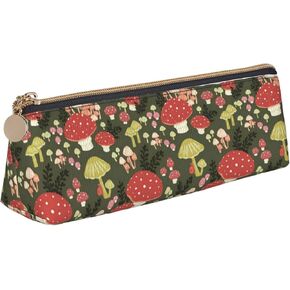 Mushrooms Pattern Leather Pencil Case Zipper Pen Makeup Cosmetic Holder Pouch Stationery Bag for School, Work, Office