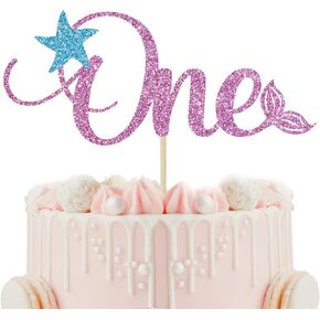 Mermaid One Cake Topper, Baby Girl 1st Birthday Decorations, Under The Sea, Mermaid Themed Baby Shower First Birthday Party Decorations, Pink Glitter