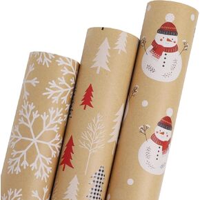 LaRibbons Kraft Christmas Wrapping Paper Rolls with Cutlines, Rustic Christmas Toile/Deer/Polka Dot/Stripe Design for Christmas, Holiday, New Year, 17 Inch × 10 Feet(3 Rolls:42.3sq.ft.ttl)