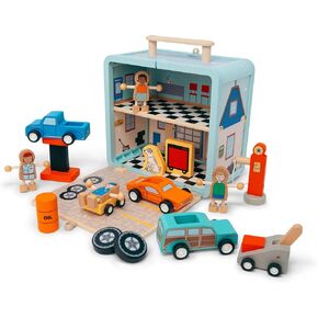 Jack Rabbit Creations Auto Garage Suitcase Playset 16 Eco-Friendly Wooden Figures- Travel Toys- Includes Mechanics, Cars, Lifts, Gas Pump, Oil, Lifts and Tires- Boys and Girls 3+
