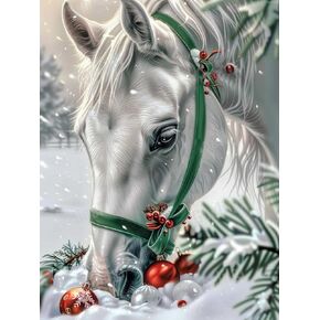 Diamond Painting Christmas White Horse 5D Adults and Beginners Full Diamond Kit, Circular Crystal Cross Stitch Art, Unwind Entertaining with Family, Developing New Hobbies Christmas Decor 12X16 inch