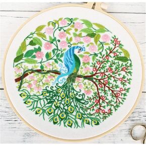 Meecaa XXXX Embroidery Kit Starter Set, Hand Embroidery Set,Pattern Printed Cross Stitch Set for Beginner Adults, with Embroidery Hoop and Instructions (Peacock)