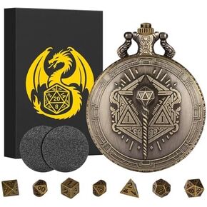 Mini DND Dice Set with Steampunk Wand Pocket Watch Case, Tiny 7-Piece Polyhedral Metal D&D Dice, DND Gifts with Gift Box, Role Playing Game Board Game Accessories Dice, Dark Silver