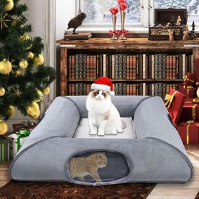 Cat Tunnel Bed for Multiple Kittens and Rabbits, Foldable Indoor Peekaboo Pet Cave, Sturdy and Scratch Resistant, Removable and Washable Soft Cushion - Cat Interactive Toys (Gray, with Door)