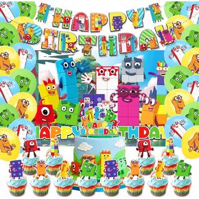 42Pack Number Block Party Supplies Pack Includes，Banner，Cake Topper，Blackdrop,Balloons for Number Block Birthday party Decoration