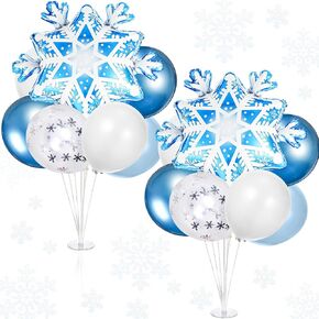 Hungdao 2 Sets Winter Snowflake Table Centerpiece Balloon Stand Kit with Snowflake Foil Balloons and Latex Balloons for Winter Birthday Christmas Baby Shower Party Supplies (Blue,White)