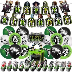 Birthday Party Decorations (42 pcs), decorations include happy birthday banner, cake topper, balloons.Round Latex Balloons for Birthday Parties, Horror Themes, and More