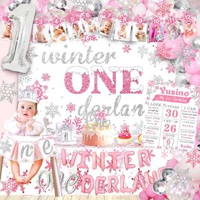 Winter Onederland 1st Birthday Girl Decorations, Winter Onederland Birthday Decor, Backdrop,Tablecloth, Photo Highchair Banner Crown Balloons Garland for Winter Wonderland Decorations