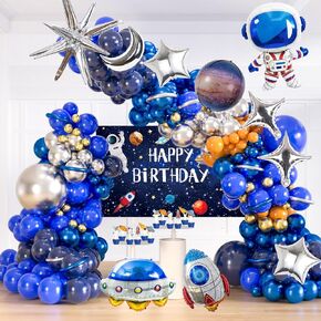 170pcs Space Balloon Garland Arch Kit,Outer Space Birthday Party Decorations With Space Happy Birthday Backdrop, UFO Rocket Astronaut Galaxy Blue Silver Foil Latex Balloons for Kids Boys