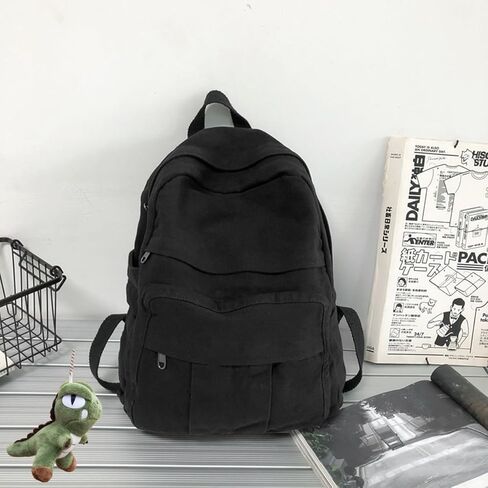 حقيبة ظهر من القماش للكمبيوتر المحمول للنساء والرجال حقيبة ظهر من القماش الكتاني حقيبة سفر حقيبة ظهر ريترو حقيبة ظهر جمالية (أسود) in Kuwait