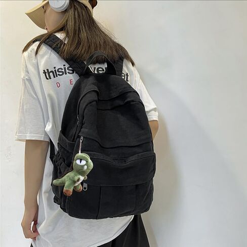 حقيبة ظهر من القماش للكمبيوتر المحمول للنساء والرجال حقيبة ظهر من القماش الكتاني حقيبة سفر حقيبة ظهر ريترو حقيبة ظهر جمالية (أسود) in Kuwait