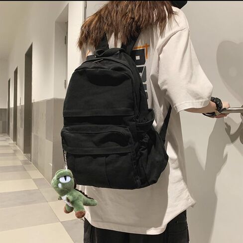 حقيبة ظهر من القماش للكمبيوتر المحمول للنساء والرجال حقيبة ظهر من القماش الكتاني حقيبة سفر حقيبة ظهر ريترو حقيبة ظهر جمالية (أسود) in Kuwait