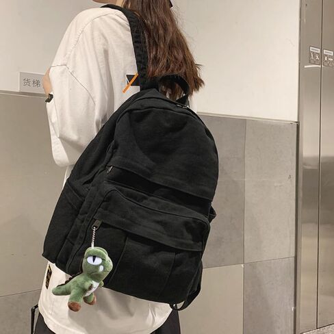 حقيبة ظهر من القماش للكمبيوتر المحمول للنساء والرجال حقيبة ظهر من القماش الكتاني حقيبة سفر حقيبة ظهر ريترو حقيبة ظهر جمالية (أسود) in Kuwait