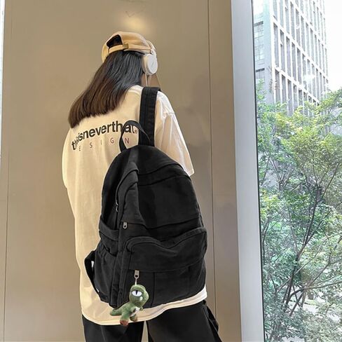 حقيبة ظهر من القماش للكمبيوتر المحمول للنساء والرجال حقيبة ظهر من القماش الكتاني حقيبة سفر حقيبة ظهر ريترو حقيبة ظهر جمالية (أسود) in Kuwait