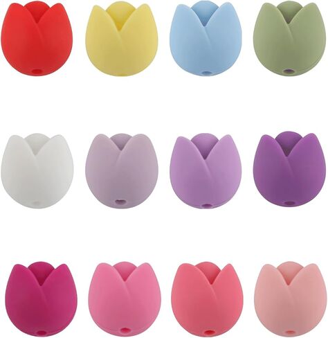 24PCS Tulip Flowers Silicone Beads, Spring Flower Silicone Focal Beads, Retro Silicone Beads for Keychain Making, Loose Beads Charms Bulk for Pens Necklace Bracelet Lanyard Pendants DIY Handicrafts in Saudi Arabia