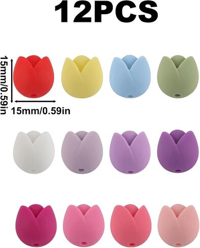 24PCS Tulip Flowers Silicone Beads, Spring Flower Silicone Focal Beads, Retro Silicone Beads for Keychain Making, Loose Beads Charms Bulk for Pens Necklace Bracelet Lanyard Pendants DIY Handicrafts in Saudi Arabia