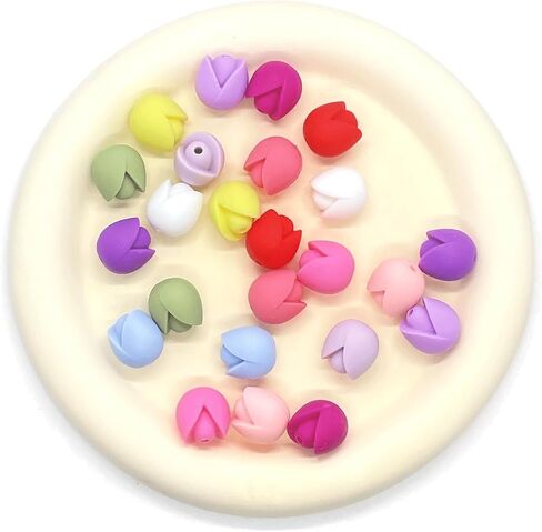 24PCS Tulip Flowers Silicone Beads, Spring Flower Silicone Focal Beads, Retro Silicone Beads for Keychain Making, Loose Beads Charms Bulk for Pens Necklace Bracelet Lanyard Pendants DIY Handicrafts in Saudi Arabia
