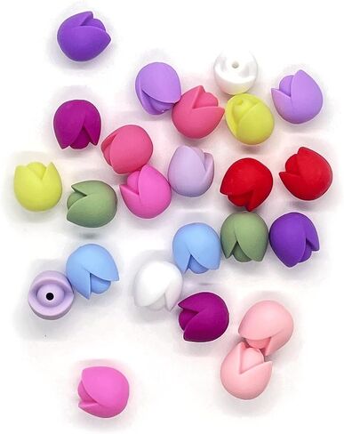 24PCS Tulip Flowers Silicone Beads, Spring Flower Silicone Focal Beads, Retro Silicone Beads for Keychain Making, Loose Beads Charms Bulk for Pens Necklace Bracelet Lanyard Pendants DIY Handicrafts in Saudi Arabia