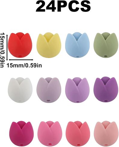 24PCS Tulip Flowers Silicone Beads, Spring Flower Silicone Focal Beads, Retro Silicone Beads for Keychain Making, Loose Beads Charms Bulk for Pens Necklace Bracelet Lanyard Pendants DIY Handicrafts in Kuwait