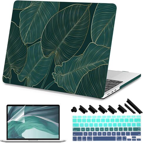 Teryeefi Compatible with MacBook Air 13 inch Case 2015 2017 Release Model A1466/A1369, Plastic Hard Shell Case & Keyboard Cover Skin & Screen Protector for Old Version Air 13.3", Green Leaf in Kuwait
