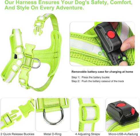 Light Up Dog Harness - LED Dog Harness Rechargeable, No Choke Illuminated Glow Dark Harness Vest Waterproof for Medium Large Dogs for Camping Night Safety Walking-Green,M in Kuwait