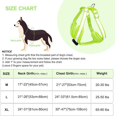 Light Up Dog Harness - LED Dog Harness Rechargeable, No Choke Illuminated Glow Dark Harness Vest Waterproof for Medium Large Dogs for Camping Night Safety Walking-Green,M in Kuwait