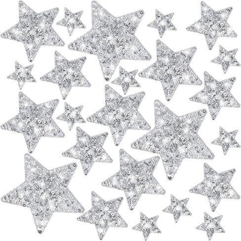 24 Pcs Sequin Star Iron on Patches in 4 Sizes Embroidered Decorative Shiny Stars Patches for Clothing Bags Jackets Jeans Hats Backpacks Costume Accessory（Sliver, Star） in Saudi Arabia